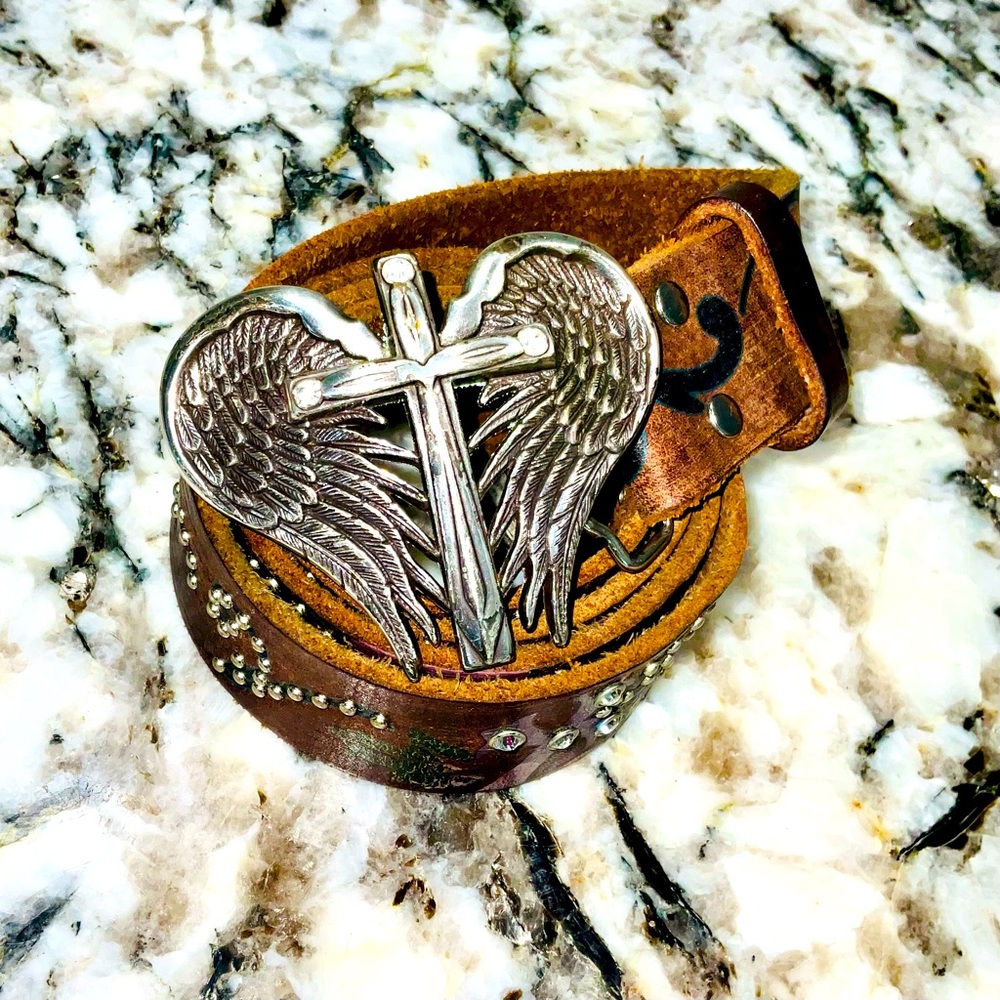 LAST CHANCE Nocona Angel Wings Cross Buckle Brown Leather Rhinestones Large